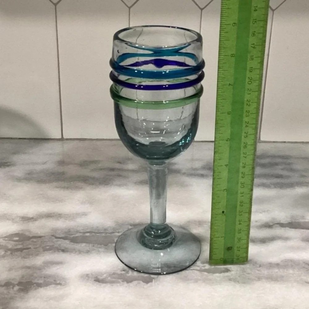 Pier 1 Imports Water Goblets, Set‎ of 2, Vintage Hand Blown Multicolor Rings